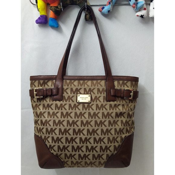 Michael Kors Brown Canvas Leather Trim MK Printed Double Handle Zipper Tote Bag - Picture 6 of 16